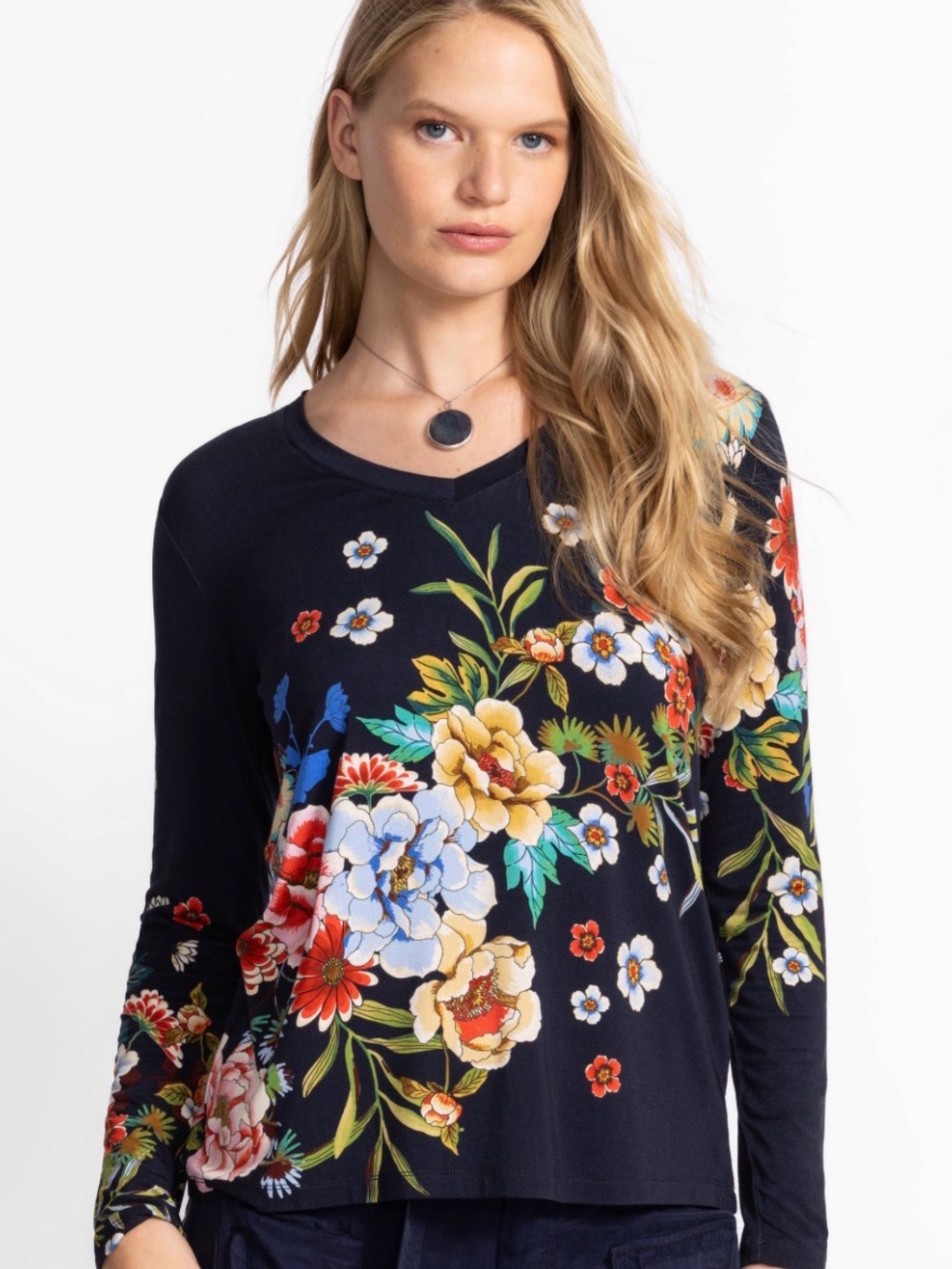 Johnny Was Janie long-sleeved Top Floral print Navy Blue V-neckline
